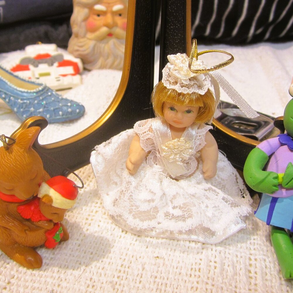 3 VTG ORNAMENTS, AVON KANGAROO, PORCELAIN DOLL, PLASTIC FROG